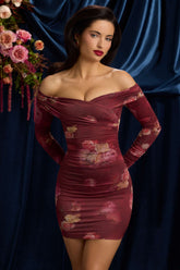 Off-Shoulder Ruched Bodycon Mini Dress in Maroon Floral Print