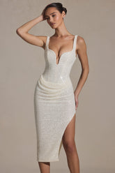 Embellished Draped Midaxi Dress in White