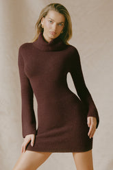 Ribbed-Knit Turtleneck Mini Jumper Dress in Espresso