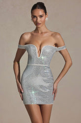 Embellished Off-Shoulder Mini Dress in White