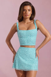 Embellished Low-Rise Mini Skirt in Aqua Blue