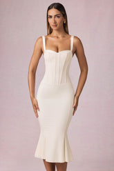Layered Bra-Detail Fishtail Midaxi Dress in Ivory