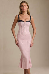 Layered Bra-Detail Fishtail Midaxi Dress in Pink Polka Dot