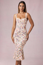 Layered Bra-Detail Fishtail Midaxi Dress in Primrose Floral Print