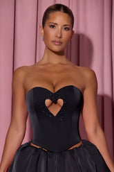 Embellished Heart Cut-Out Strapless Corset Top in Black