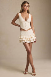 Layered Ruffled Low-Rise Mini Skirt in Ivory