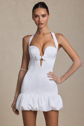 Bow-Detail Halterneck Bubble Hem Mini Dress in White