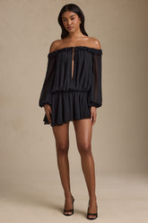 Off-Shoulder Asymmetric Balloon-Sleeve Mini Dress in Black