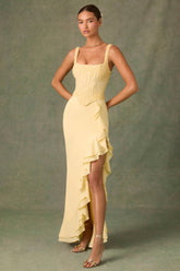 Embellished Ruffle-Trim Corset Gown in Yellow