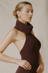 Ribbed-Knit Turtleneck Backless Top in Espresso