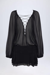 Lace-Up Balloon-Sleeve Mini Dress in Black