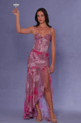 Ruched Asymmetric Corset Gown in Blurred Floral