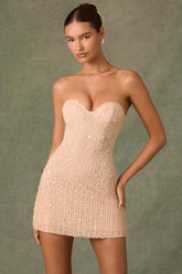 Embellished Sweetheart-Neck A-Line Mini Dress in Apricot