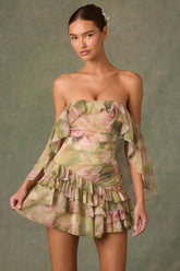 Off-Shoulder Ruffled Mini Dress in Floral Multi Print