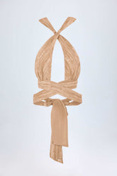 Ruched Halterneck Crop Top in Tan Print