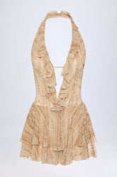 Ruffled Plunge Halterneck Playsuit in Tan Print