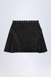 Lace-Up Mid-Rise Mini Skirt in Black