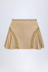Lace-Up Mid-Rise Mini Skirt in Tan