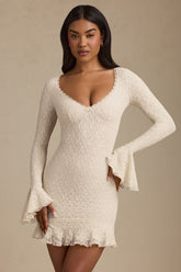 Long-Sleeve Ruffled Lace Mini Dress in Ivory