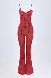Lace-Up Ruffled Flared Jumpsuit in Red Print