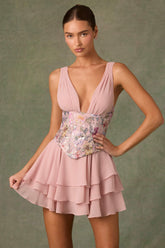 Embellished Ruffled Corset Mini Dress in Floral Pink