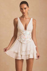 Embellished Ruffled Corset Mini Dress in Ivory