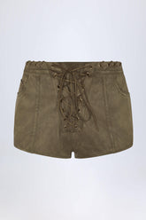 Lace-Up Mid-Rise Shorts in Dark Khaki
