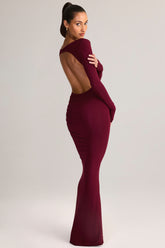 Modal Ruched Backless Maxi Dress in Wine
