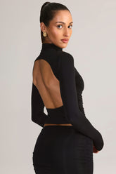 Modal Ruched Backless Turtleneck Top in Black