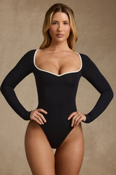 Modal Contrast-Trim Bodysuit in Black