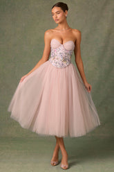 Embellished Lace-Up Cupless Corset in Floral Pink