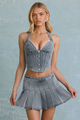 Low-Rise Pleated Mini Skirt in Light Blue