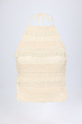 Ruffled High-Neck Backless Top in Ivory