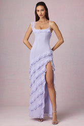 Asymmetric Ruffled Lace-Up Gown in Lilac