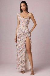 Asymmetric Ruffled Lace-Up Gown in Primrose Floral Print