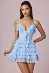 Ruffled Lace-Up A-Line Mini Dress in Powder Blue
