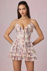 Ruffled Lace-Up A-Line Mini Dress in Primrose Floral Print