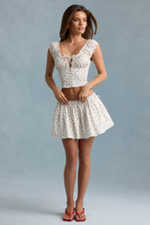 Ruched Cotton-Poplin Mini Skirt in Rose Print