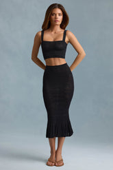 Ruffle-Trim Pointelle-Knit Midaxi Skirt in Black