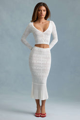 Ruffle-Trim Pointelle-Knit Midaxi Skirt in White