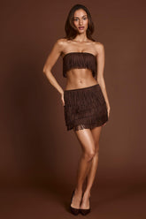 Fringed Mid-Rise Mini Skirt in Chocolate Brown