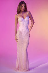 Semi-Sheer Embellished Corset Gown in Pink