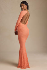 Ruched Backless Lace Maxi Dress in Peach