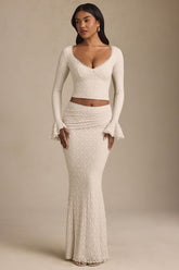 Draped Low-Rise Lace Maxi Skirt in Ivory
