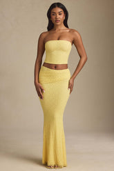 Draped Low-Rise Lace Maxi Skirt in Pastel Yellow