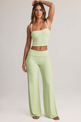 Modal Foldover Wide-Leg Trousers in Sage Green