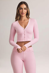 Modal Ribbed Cropped Cardigan in Pastel Pink