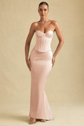 Draped Low-Rise Maxi Skirt in Beige Gold