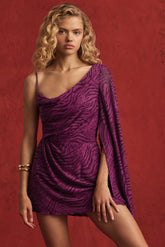 Devoré One-Sleeve A-Line Mini Dress in Berry Purple