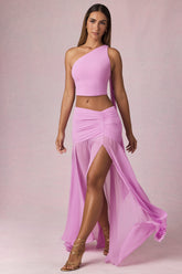 Asymmetric Ruched Maxi Skirt in Pink Orchid